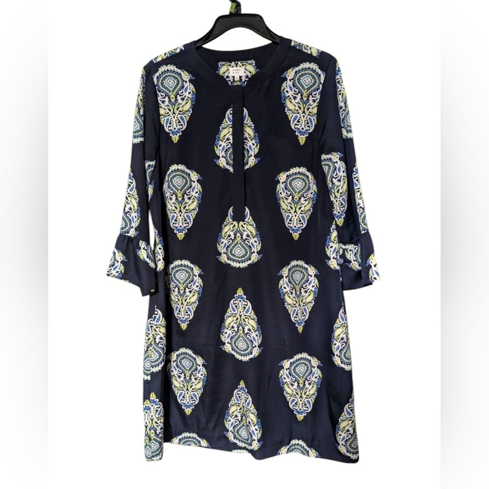 Crown & Ivy Navy Blue Paisley 3/4 Sleeve Mini Shift Dress Chest Pocket Size 12